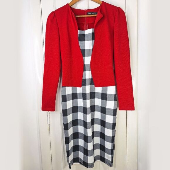 Dresses & Skirts - NWT Oxiuli Fashion Red Black Colorblock Checkered Long Sleeve Bodycon Dress Sz M